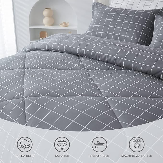 Andency Grey Grid Comforter Set King Size (104x90 inch), 3 Pieces (1 Grey Comforter and 2 Pillowcases), Summer Lightweight Microfiber Down Alternative Bedding Comforter Sets with White Lines - LeafyLoom