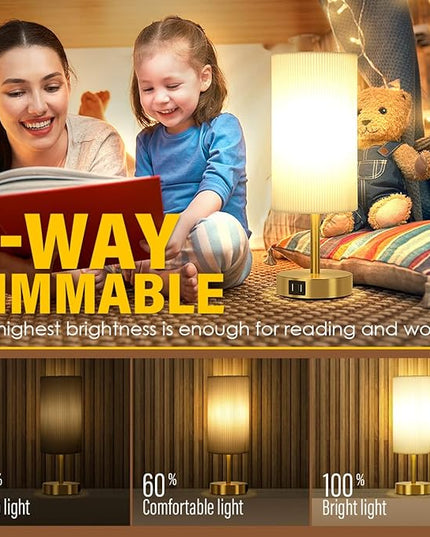 Bedside Lamp with USB port - Touch Control Table Lamp for Bedroom Wood 3 Way Dimmable Nightstand Lamp with Round Pleated Shade for Living Room, Dorm, Home Office (LED Bulb Included) (Pleated) - LeafyLoom
