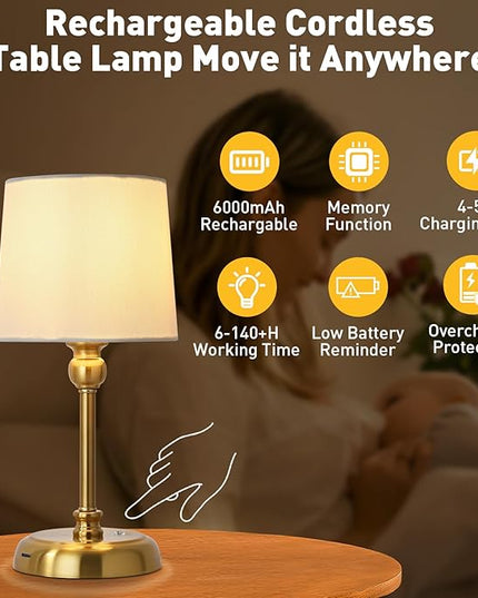 Cordless LED Table Lamp, 6000mAh Rechargeable Bedside Night Lamp for Bedroom, Portable Touch Stepless Dimmable Battery Operated Lamp, Ambient Light for Patio Restaurant(‎Antique Brass S) - LeafyLoom