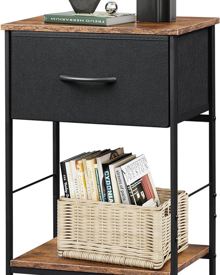 WLIVE Nightstand, End Table with Fabric Storage Drawer and Open Wood Shelf, Bedside Furniture with Steel Frame, Side Table for Bedroom, Dorm, Easy Assembly, Black and Rustic Brown, 24.9" Height - LeafyLoom