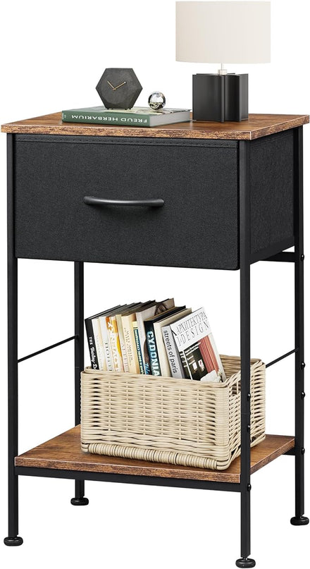 WLIVE Nightstand, End Table with Fabric Storage Drawer and Open Wood Shelf, Bedside Furniture with Steel Frame, Side Table for Bedroom, Dorm, Easy Assembly, Black and Rustic Brown, 24.9" Height - LeafyLoom