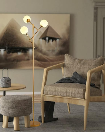 Sputnik 3 Globe Mid Century Floor Lamp Modern Gold, 3 Lights Standing Lamp with Frosted Glass Shade and Bulbs Included, LED Tall Floor Light for Living Room, Bedroom, Office - Antique Brass - LeafyLoom
