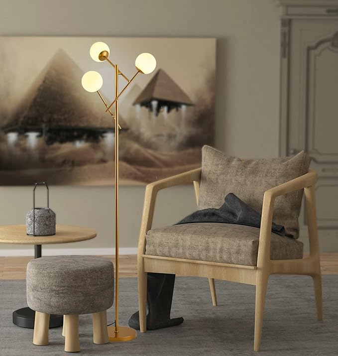 Sputnik 3 Globe Mid Century Floor Lamp Modern Gold, 3 Lights Standing Lamp with Frosted Glass Shade and Bulbs Included, LED Tall Floor Light for Living Room, Bedroom, Office - Antique Brass - LeafyLoom