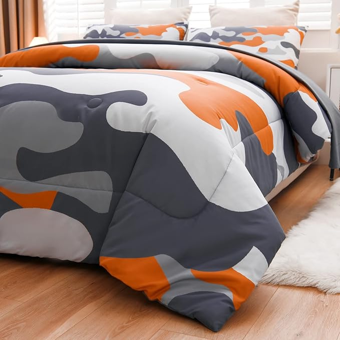 Meeting Story Camouflage Bedding Set, Colorful Pattern Style Comforter Set, 5 PCS One Comforter Two Pillowcases Two Sheets in One Bag, All Season Bedspread for Teens Adults (Orange, Full 5Pcs) - LeafyLoom
