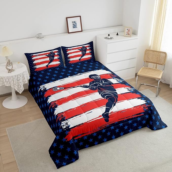Feelyou Lacrosse Comforter Set Queen Size Boys Gilrs American Flag Sports Theme Bedding Set for Kids Adults Ultra Soft Lacrosse Player Games Comforter Navy Blue Duvet Set Room Decor Quilt Set - LeafyLoom