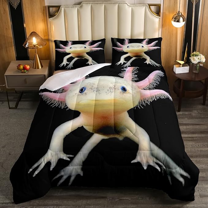 Axolotl Bedding Set Queen Cute Axolotl Comforter Set 3D Axolotls Down Comforter Bedroom Decor Sea Wildlife Animals Reptile Duvet Set Lightweight Soft Warm Quilt Set for Kids Boys Teens Men Adult - LeafyLoom