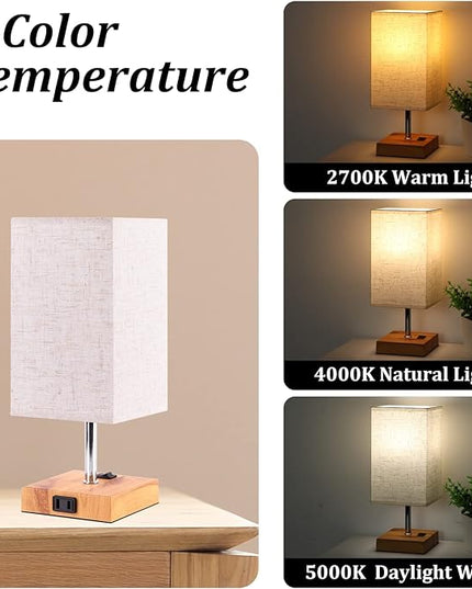 Dott Arts Small Table Lamps for Bedrooms Set of 2,2700K 4000k 5000K Nightstand Lamps with AC Outlets，Minimalist Wood Bedside Lamp with Square Shade,Night Light Lamp for Living Room Kids Room Office - LeafyLoom