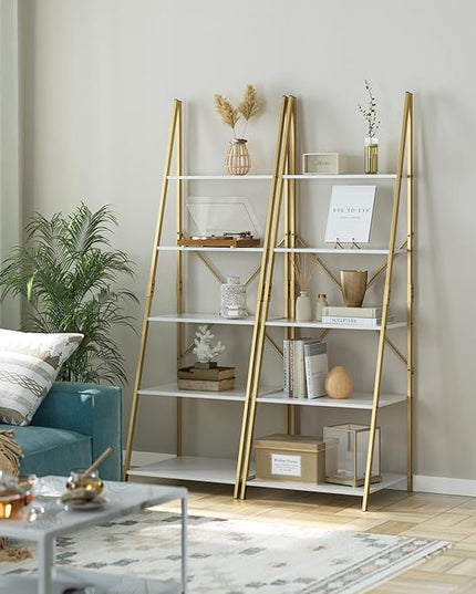 finetones 5 Tier Ladder Shelf, Free Standing Gold Book Shelf Display Bookcase, Storage Organizer Unit Flower Stand Plant Rack for Living Room - LeafyLoom