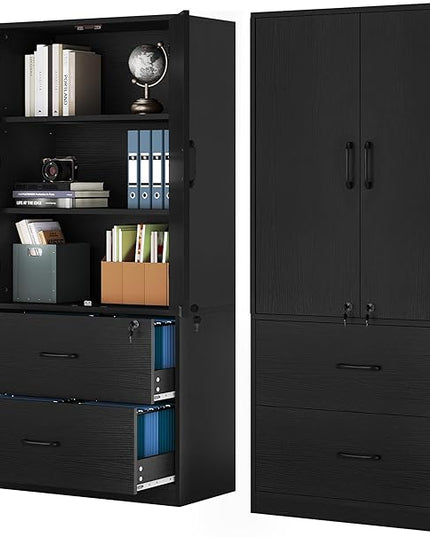 YITAHOME Wood File Cabinets, Heavy Duty Garage Tool Cabinets with Doors & Adjustable Shelves, Big Storage Filing Lockers for Home Office, Living Room, Pantry, Gym, Basement, Warehouse, Black - LeafyLoom