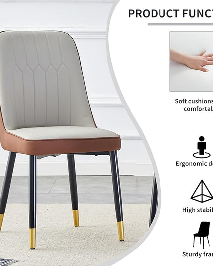Modern Set of 2, Faux Leather Dining PU Upholstered Kitchen Chair with Black Golden Metal Legs for Home Living Room, Restaurant, 2 Piece, Brown+light Gray - LeafyLoom