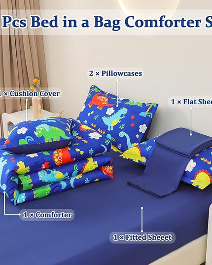 Dinosaur Comforter Set for Boys, 6 Pcs Bed in a Bag Twin Blue Dinosaur Wild Park Jungle Print Kids Bedding Set with Sheets - LeafyLoom