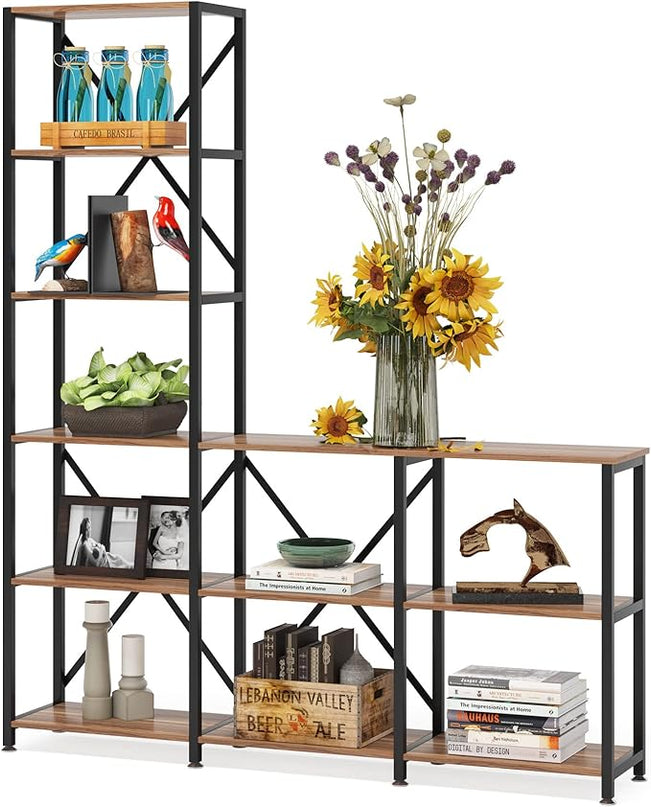 Tribesigns 9 Shelves Bookshelves, Industrial Ladder Corner Etagere Bookcase, Rustic 6-Tier Display Open Shelf Storage Organizer for Living Room - LeafyLoom