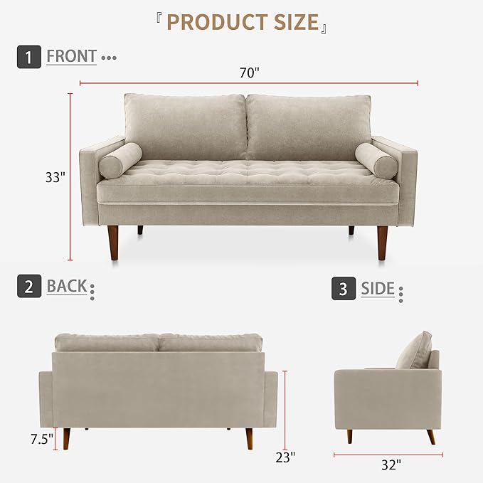 Velvet Furniture for Small Spaces, Mid-Century Modern Loveseats for Living Room, Love Seat Couch Sofas, 70 Inches, Beige - LeafyLoom