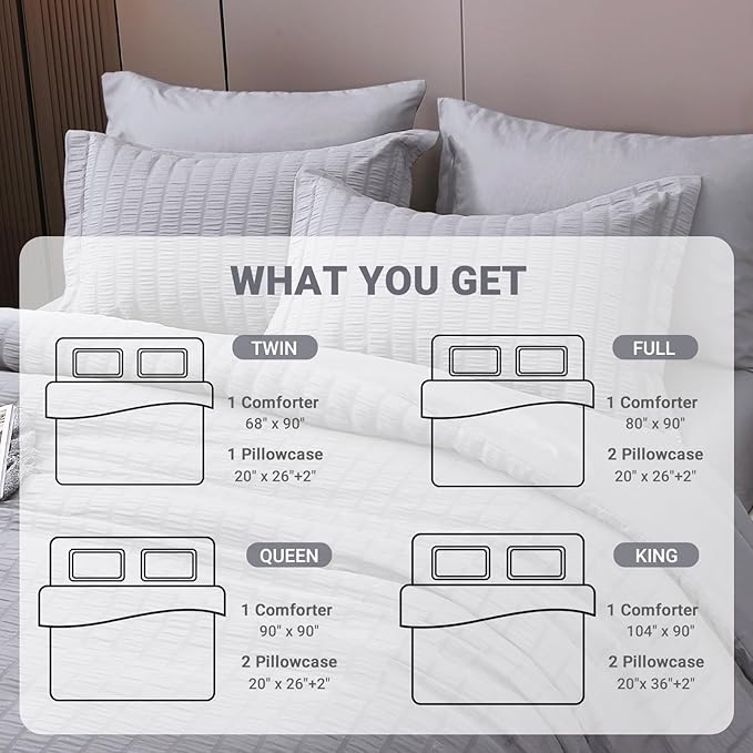 HYMOKEGE Seersucker Comforter Set Full Size 3 Pieces, Lightweight Comforter Sets for Bedding, Bed Set with 1 All Season Soft Down Alternative Comforter and 2 Pillow Shams, Light Grey - LeafyLoom