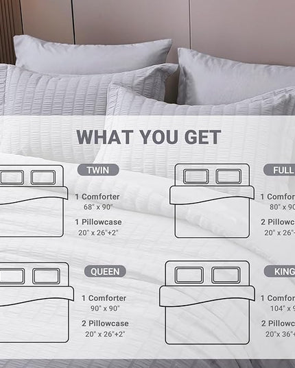 HYMOKEGE Seersucker Queen Comforter Set 3 Pieces, Lightweight Comforter Sets for Bedding, Bed Set with 1 All Season Soft Down Alternative Comforter and 2 Pillow Shams, Light Grey - LeafyLoom