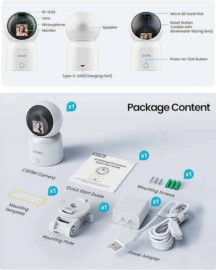 ZOSI 4MP 2 Way Video Security Camera, C519M 360° View Baby/Pet Dog Monitor, 2.5K Plug-in 2.4G/5G Dual-Band WiFi Smart Home Indoor Cam,One-Touch Call,Human Detection,Pan/Tilt,Cloud & SD Card Storage ZOSI
