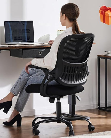 Sweetcrispy Office Computer Desk Chair, Ergonomic Mid-Back Mesh Rolling Work Swivel Task Chairs with Wheels, Comfortable Lumbar Support, Comfy Flip-up Arms for Home, Bedroom, Study, Student, Black - LeafyLoom