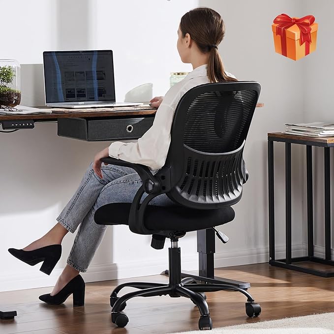 Sweetcrispy Office Computer Desk Chair, Ergonomic Mid-Back Mesh Rolling Work Swivel Task Chairs with Wheels, Comfortable Lumbar Support, Comfy Flip-up Arms for Home, Bedroom, Study, Student, Black - LeafyLoom