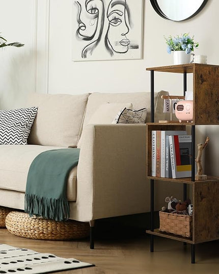 smusei 4 Tier Book Shelf Small Rustic Brown Bookshelf Organizer for Small Spaces S-Shaped Wood Corner Bookcase for Bedroom, Living Room, Study Room and Home Office - LeafyLoom