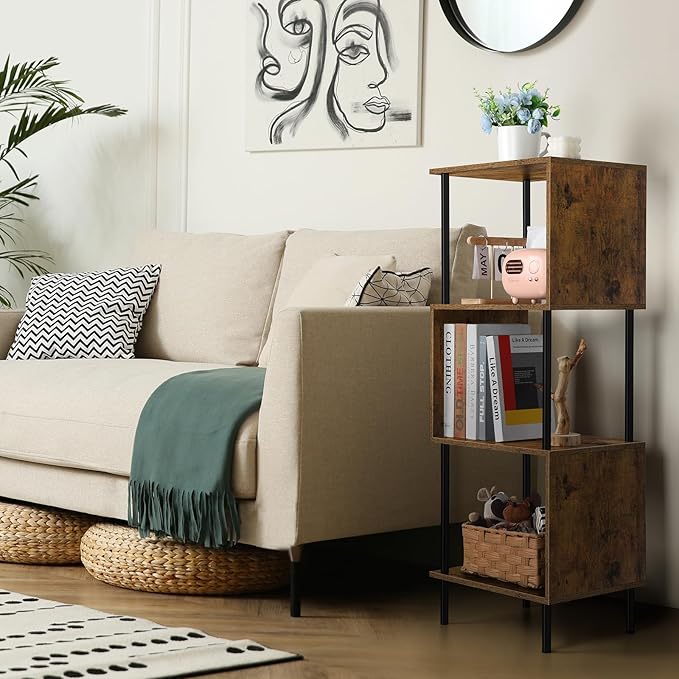 smusei 4 Tier Book Shelf Small Rustic Brown Bookshelf Organizer for Small Spaces S-Shaped Wood Corner Bookcase for Bedroom, Living Room, Study Room and Home Office - LeafyLoom