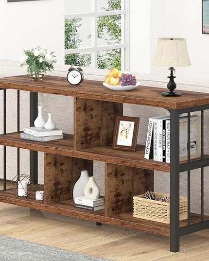 IBF Farmhouse 3 Tier Open Book Shelf, Wood and Metal 5 Cube Storage Organizer, Modern Low Horizontal Bookshelf for Bedroom Living, Long Wide Office Cubby Bookcase with Storage, Rustic Brown, 47 Inch - LeafyLoom
