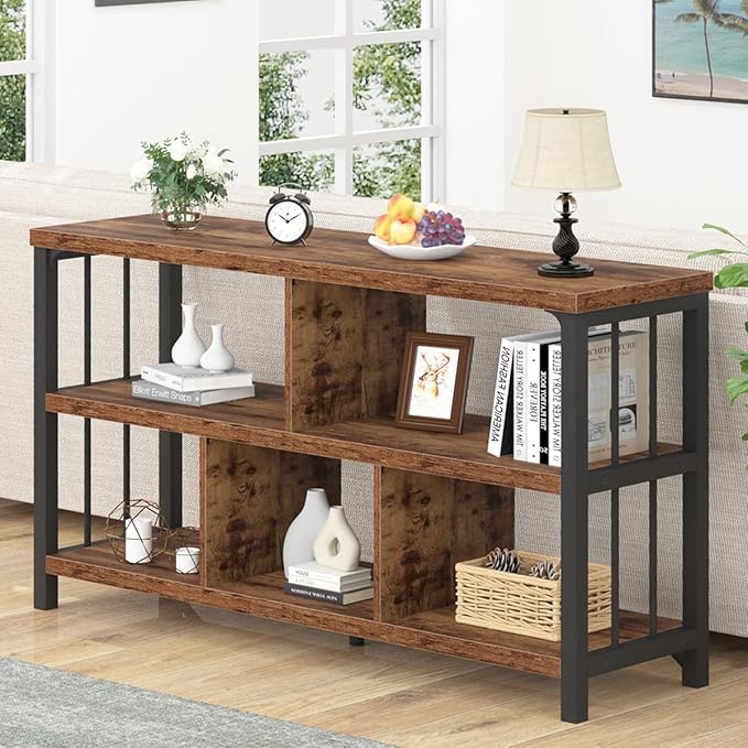 IBF Farmhouse 3 Tier Open Book Shelf, Wood and Metal 5 Cube Storage Organizer, Modern Low Horizontal Bookshelf for Bedroom Living, Long Wide Office Cubby Bookcase with Storage, Rustic Brown, 47 Inch - LeafyLoom