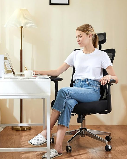 Sweetcrispy Ergonomic Office Desk Computer Chair, High Back Comfy Swivel Home Gaming Mesh Chairs with Wheels, Adjustable Lumbar Support, Headrest, Liftable 2D Arms,135° Tilt for Bedroom, Study, Black - LeafyLoom