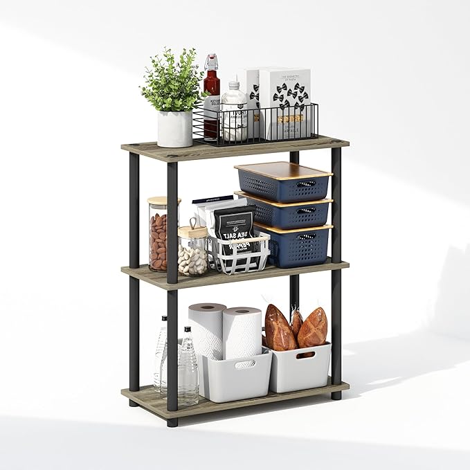 Furinno Turn-N-Tube 3-Tier Multipurpose Compact Display Rack, Shelving Unit, Bookcase, French Oak/Black - LeafyLoom