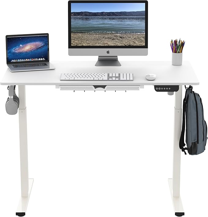 SHW Memory Preset Electric Height Adjustable Standing Desk, 48 x 24 Inches, White - LeafyLoom