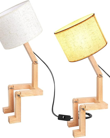Robot Cute Desk Lamp Novelty Wooden Creative Table Lamp with Wood Base Adjustable Shape Bedside Fun Funky Lamp Reading Wood Lamp DIY Fun Robot Lamp for Bedroom, Office, Study Desk, Kids Room - LeafyLoom