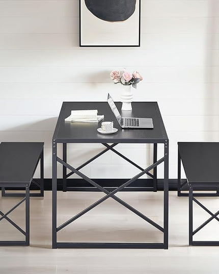 VECELO 55" Kitchen Table Set for 6, Wood Dining Room Dinette 2 Benches with Metal Frame for Breakfast Nook and Small Space, Black - LeafyLoom
