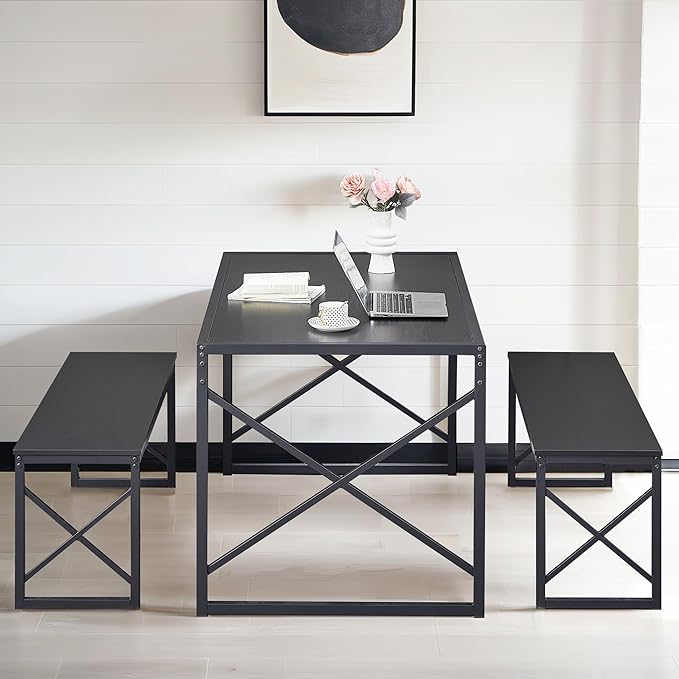 VECELO 55" Kitchen Table Set for 6, Wood Dining Room Dinette 2 Benches with Metal Frame for Breakfast Nook and Small Space, Black - LeafyLoom