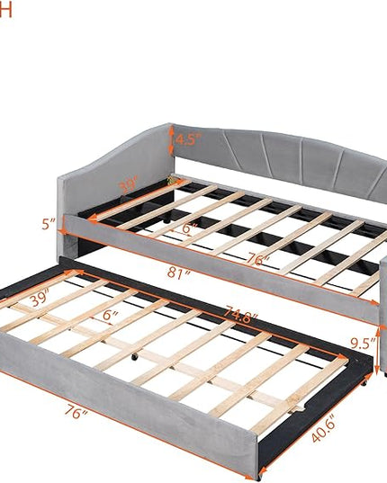 Twin Size Upholstered Daybed with Trundle, Wood Slat Support Sofa Bed with Armrest, No Box Spring Needed, Easy to Assemble, for Studio, Bedroom, Living, Guest Room, Gray - LeafyLoom