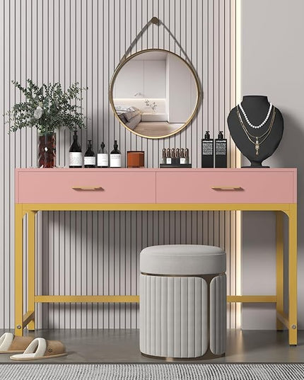 WESTREE Women Makeup Vanity Desk with 2 Drawers - Bedroom Home Office Desk, Wooden Height Monitor Stand & Storage Shelf without Mirror, Pink Table Great Gift for Her - LeafyLoom