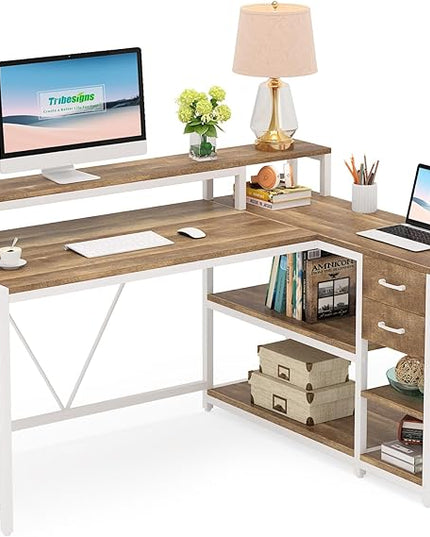 Reversible L-Shaped Computer Desk with hutch & Shelf,white - LeafyLoom