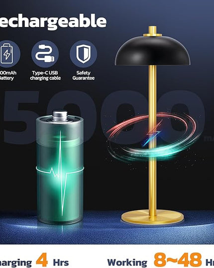 Rechargeable Cordless Table Lamp 2 Pack - 5000mAh Battery Powered Lamp, 3 Color Stepless Dimming LED Table Light with Memory Function, for outdoor, Dinner, Patio, Home, Restaurant.(Black and Gold) - LeafyLoom