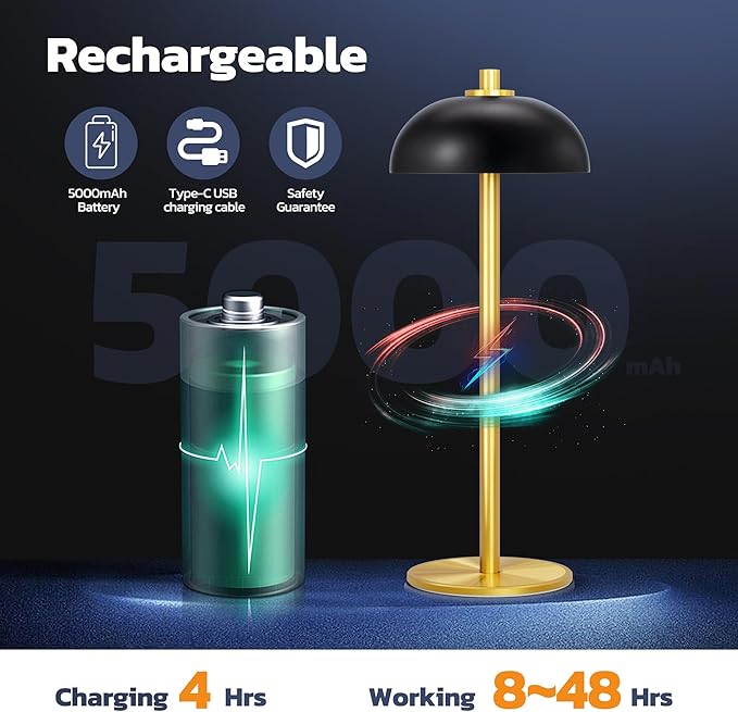 Rechargeable Cordless Table Lamp 2 Pack - 5000mAh Battery Powered Lamp, 3 Color Stepless Dimming LED Table Light with Memory Function, for outdoor, Dinner, Patio, Home, Restaurant.(Black and Gold) - LeafyLoom
