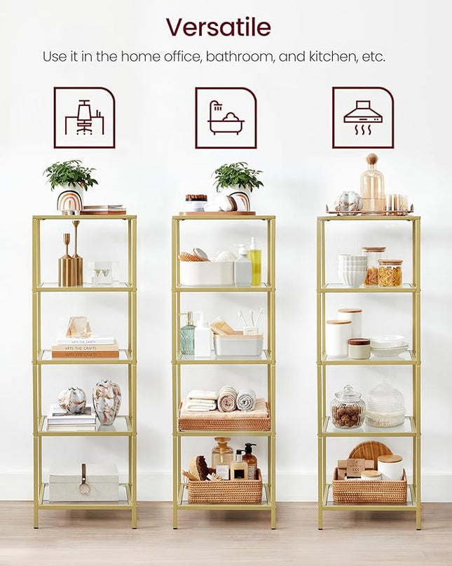 VASAGLE Bookcase, 5-Tier Bookshelf, Slim Shelving Unit for Bedroom, Bathroom, Home Office, Tempered Glass, Steel Frame, Metallic Gold ULGT029A01 - LeafyLoom