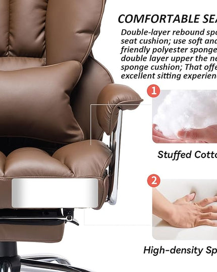 Desk Office Chair 400LBS, Big and Tall Office Chair, PU Leather Computer Chair, Executive Office Chair with Leg Rest and Lumbar Support, Brown Office Chair - LeafyLoom