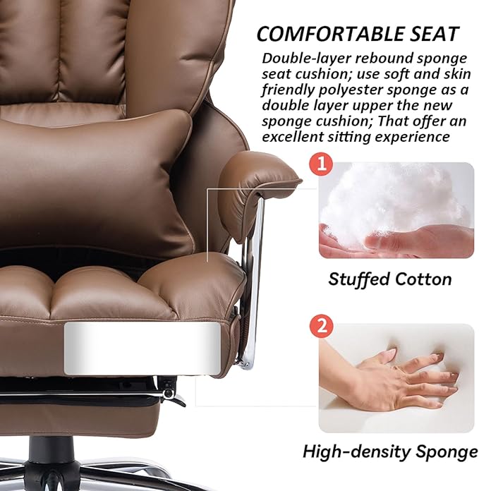 Desk Office Chair 400LBS, Big and Tall Office Chair, PU Leather Computer Chair, Executive Office Chair with Leg Rest and Lumbar Support, Brown Office Chair - LeafyLoom