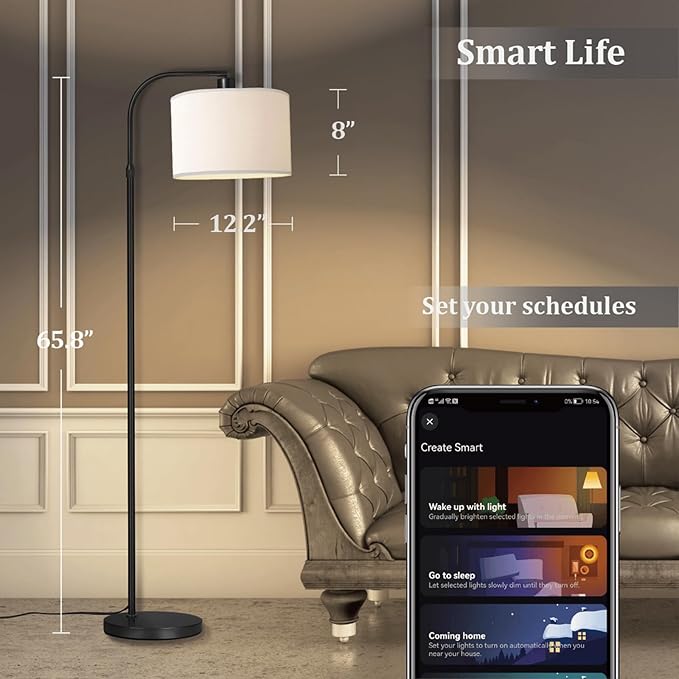 Black Floor Lamp with Remote Control, 1200 Lumens 15W LED Bulb Included, Adjustable Height Arc Floor Lamps for Living Room, Black Standing Lamp Dimmable Floor Lamp for Bedroom, Office - LeafyLoom
