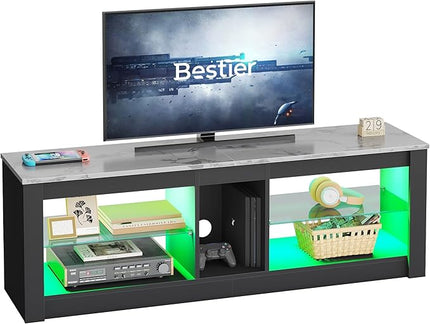 Bestier White Marble TV Stand LED Entertainment Center Gaming TV Stand for 55 Inch TV RGB Television Stand with 2 Adjustable Glass Shelves PS4 Game Console Cabinet for Living Room - LeafyLoom
