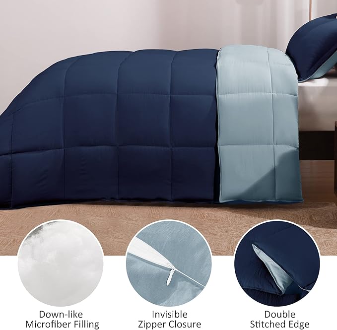 Basic Beyond King Size Comforter Set - Fluffy King Bed Comforter Set for All Seasons - Reversible Blue Comforter Set King - 3 Pieces (1 Comforter + 2 Pillow Shams) - Blue/Sapphire - LeafyLoom