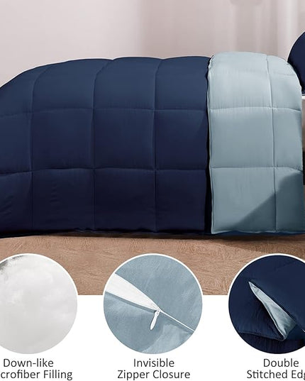 Basic Beyond Queen Comforter Set - Fluffy Comforter Queen Set for All Seasons - Reversible Blue Comforter Set Queen for Mens - 3 Pieces (1 Comforter + 2 Pillow Shams) - Blue/Sapphire - LeafyLoom