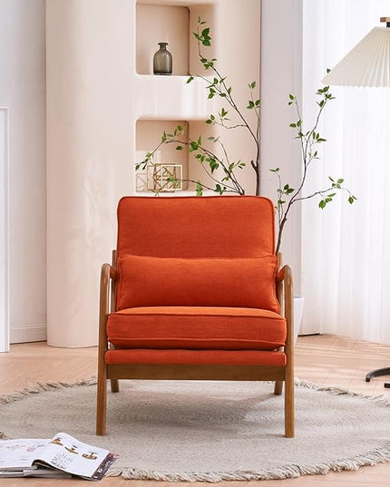 Bonnlo Linen Burnt Orange Mid Century Modern Accent Chair, Soild Wood Padding Lounge Armchairs Side Sitting Chairs for Living Room, Bedroom, Guest Room - LeafyLoom