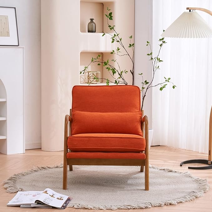 Bonnlo Linen Burnt Orange Mid Century Modern Accent Chair, Soild Wood Padding Lounge Armchairs Side Sitting Chairs for Living Room, Bedroom, Guest Room - LeafyLoom
