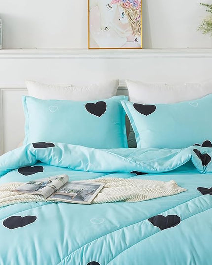 Love Pattern Girls Comforter Set King Size, Sky Blue Cute Love Heart Print Comforter Bedding Set for All Seasons, Geometric Soft Microfiber 3 Pieces Comforter Set with Pillowcases - LeafyLoom