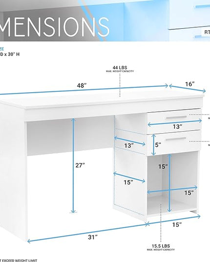 Techni Mobili Computer Home Office or Bedroom Storage & Drawers Ideal for Small Spaces Writing Desk, 47.6" W x 16.1" D x 30.3, White - LeafyLoom