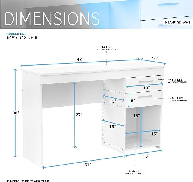 Techni Mobili Computer Home Office or Bedroom Storage & Drawers Ideal for Small Spaces Writing Desk, 47.6" W x 16.1" D x 30.3, White - LeafyLoom