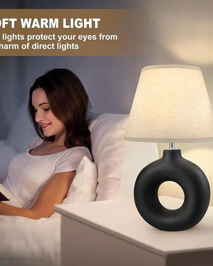 Black Ceramic Table Lamp for Living Room Bedroom, 21" Modern Bedside Lamps with 3 Color Temperature Farmhouse Rustic Table Lamps for Night Stands, Dorm, Office, Home Décor (Bulb Included) - LeafyLoom